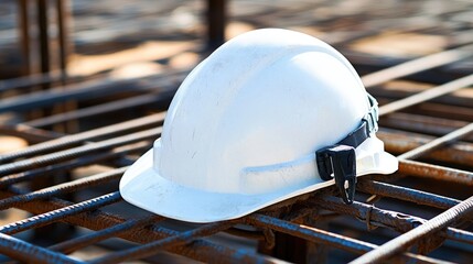 Poster - A white hard hat with attached safety light resting near a steel framework.