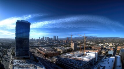 Poster - A wide-angle shot of a city skyline with multiple construction projects in progress.