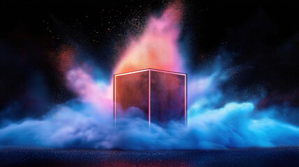 Poster - Colorful powder erupts from a geometric cube creating a striking visual contrast and dynamic energy