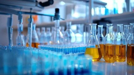 Poster - Laboratory setup showcasing colorful liquid samples in glassware under bright lighting