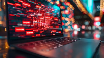 Fototapete - Advanced cyber technology displayed on laptop screen amid vibrant urban lights