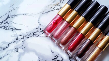 Poster - Colorful lip gloss and lipstick tubes elegantly arranged on a marble surface showcasing rich shades Generative AI