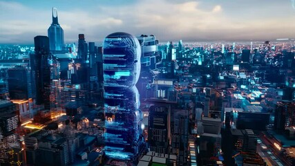 Poster - Futuristic android with a digital core in a high-tech corridor at night