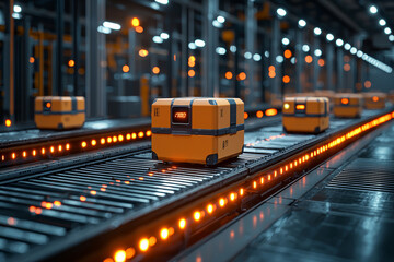 Poster - a warehouse robot sorting packages on conveyor belts under fluorescent lights. concept of automation