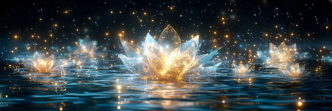 Glowing Crystal Formations Reflecting on Dark Water