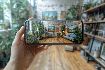Aufkleber - A customer using AR to visualize wall art in their home via an app. Concept of spatial commerce and reduced returns.