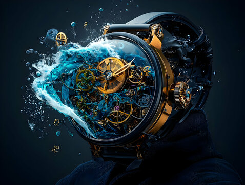 Intricate Gold And Blue Watch Mechanism With Water Splash