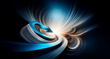 Wall Mural - abstract flowing design with a blue arrow pointing towards a bright light source. swirling shapes in