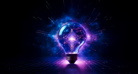 Wall Mural - a vibrant light bulb filled with a cosmic galaxy bursts with energy and light against a dark backdro