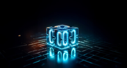 Poster - Luminous blue cube with neon outlines floats above a dark surface with glowing grid lines, creating a digital futuristic style.