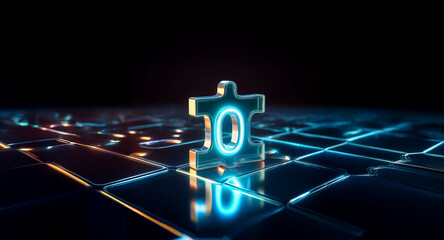 Poster - Glowing gear icon with blue glow on a reflective grid surface.  Orange lights illuminate the futuristic scene against a dark backdrop.