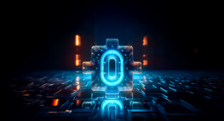 Poster - Futuristic glowing cube in a dark digital space.  Blue neon light illuminates circuit patterns with orange accents. Abstract technology object.
