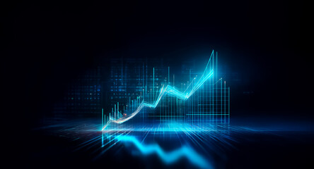 Poster - abstract glowing blue lines form an ascending graph against a dark background, reflected below, illu