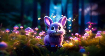 Canvas Print - a cute purple bunny sits nestled among glowing mushrooms in a magical forest at twilight. fireflies 