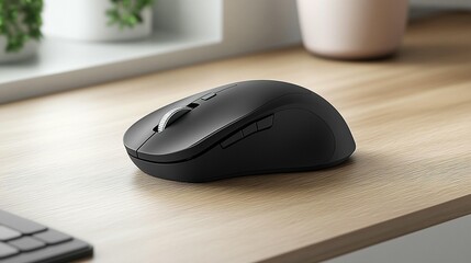 Poster - Black wireless computer mouse on wooden desk near keyboard and plants.