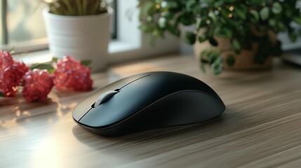 Poster - Black wireless computer mouse on wooden desk near plants and flowers.