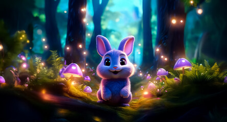 Canvas Print - cute bunny sits in a whimsical forest surrounded by glowing mushrooms and soft lights, creating a ma