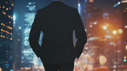 Poster - Confident businessman standing in elegant suit, gazing at illuminated urban skyline with glowing particles symbolizing professional vision and future potential