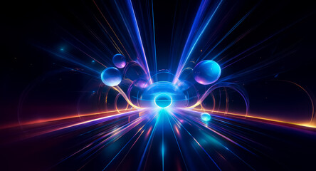 Aufkleber - Abstract spheres and radiant lines in blue and orange hues create a dynamic, futuristic scene against a dark backdrop, suggesting energy and motion.