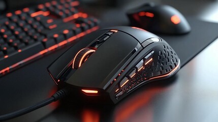 Poster - Close-up of a black gaming mouse and keyboard with red lighting on a desk.