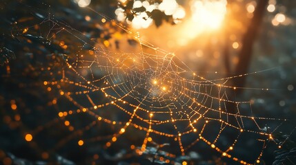 Intricate Spiderweb Adorned with Dewdrops Gleaming in the Morning Light