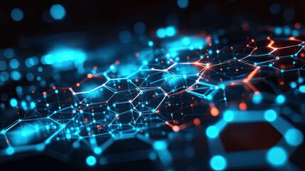 Poster - A sleek, modern digital background with a network of glowing blue hexagons and circuitry elements, symbolizing data flow and connectivity