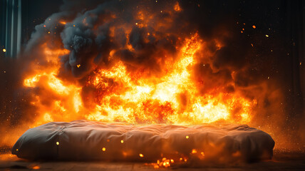 Poster - Digital rendering of an explosion with black smoke and orange flames growing toward a white heritage