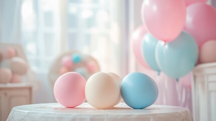 Aufkleber - Colorful decorative eggs on a table with pastel balloons in a bright room setting for a festive occasion