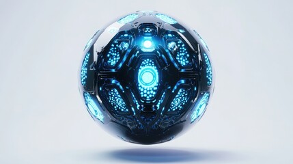 Poster - A sleek robotic sphere with intricate glowing blue patterns, floating against a pure white background.