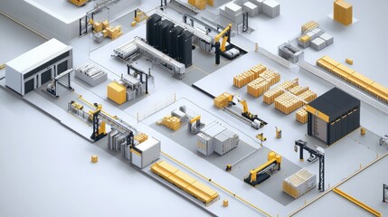 Poster - A sophisticated industrial facility with advanced automation, inventory management, and robotic handling systems