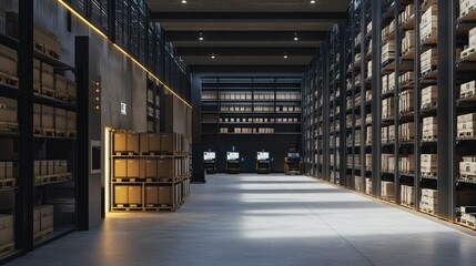 Poster - A sophisticated industrial facility with advanced automation, inventory management, and robotic handling systems