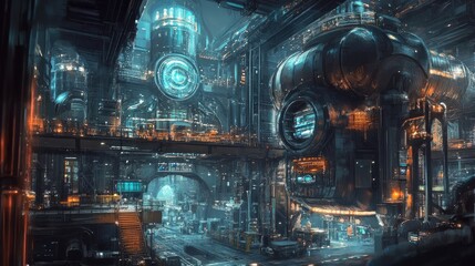 Poster - A sophisticated industrial facility with advanced automation, inventory management, and robotic handling systems