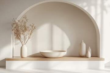 Poster - Modern minimalist interior design featuring an elegant arch and neutral decor in a sunlit space