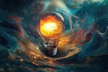 Aufkleber - Bright light bulb surrounded by vivid abstract colors creating a dynamic and modern art piece in a creative studio setting