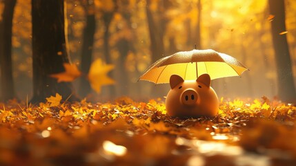 Poster - A symbolic representation of financial stability: a piggy bank under an umbrella, with soft lighting and a blurred background.