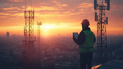 Poster - A technician in a hard hat and safety vest standing on a rooftop at sunset, analyzing data on a tablet with telecom towers in view