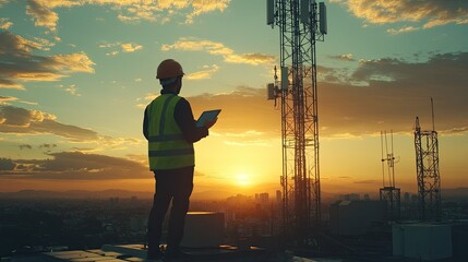 Poster - A technician in a hard hat and safety vest standing on a rooftop at sunset, analyzing data on a tablet with telecom towers in view