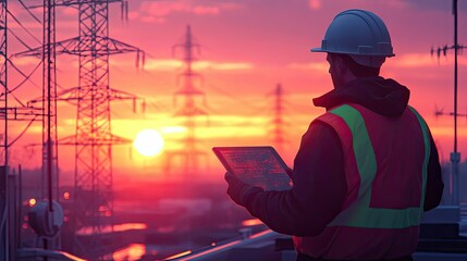 Poster - A technician in a hard hat and safety vest standing on a rooftop at sunset, analyzing data on a tablet with telecom towers in view