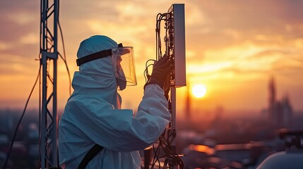 Poster - A telecommunications worker in protective gear inspecting network equipment on a rooftop, the sunset casting a golden glow