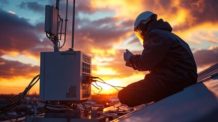Poster - A telecommunications worker in protective gear inspecting network equipment on a rooftop, the sunset casting a golden glow