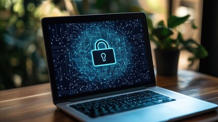 Poster - A top-down view of a laptop with a digital lock icon on the screen, representing cybersecurity and online data protection