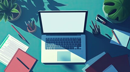 Poster - A top-down view of a laptop with an empty display, surrounded by office supplies and business documents