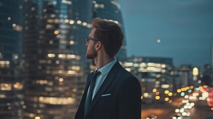 Poster - Young businessman in a suit and tie, wearing glasses, contemplates the illuminated cityscape at dusk, possibly reflecting on success, ambition, or urban life