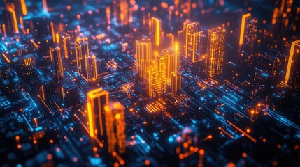 Poster - A vibrant digital city with glowing neon buildings, network connections pulsing through the streets, symbolizing a futuristic smart metropolis