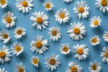 Fototapete - Chamomile flowers arranged in repetition on a bright blue background for a vibrant spring and summer aesthetic Generative AI