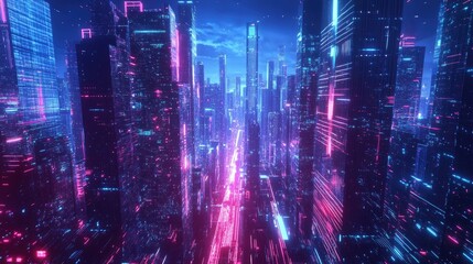 Poster - A breathtaking neon-lit futuristic cityscape with glowing digital networks connecting sleek skyscrapers in a cyberpunk-inspired urban environment