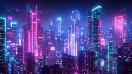 Poster - A breathtaking neon-lit futuristic cityscape with glowing digital networks connecting sleek skyscrapers in a cyberpunk-inspired urban environment