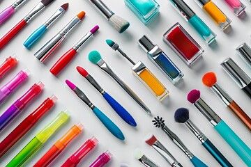 Poster - Colorful display of nail polishes and tools arranged neatly on a light background for a vibrant manicure setup Generative AI