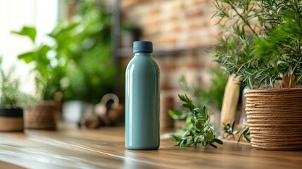 Poster - Refreshing water bottle placed on a wooden shelf surrounded by lush green plants in a modern indoor setting during the day
