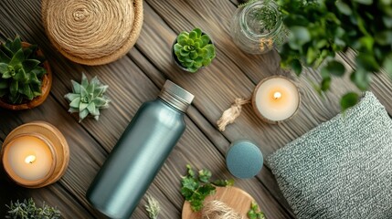 Poster - Refreshing water bottle placed on a wooden shelf surrounded by lush green plants in a modern indoor setting during the day